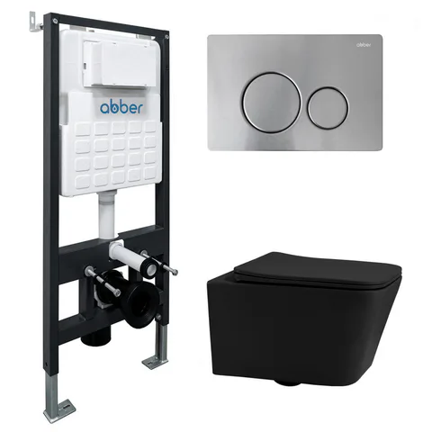Комплект подвесной унитаз ABBER Rechteck AC1201MB черный матовый с инсталляцией AC0105 и кнопкой AC0121MCH матовый хром