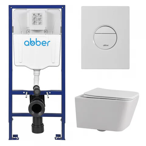 Комплект подвесной унитаз ABBER Rechteck AC1201 белый с инсталляцией AC0108 и кнопкой AC0126MW белая матовая