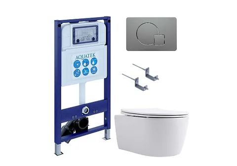 SET AQUATEK ЕВРОПА New-070 4в1 (рама AQUATEK INS-0000025 + крепление KKI-0000002 + кнопка KDI-0000070 + унитаз AQ1106L-00 + тонкое сиденье с механизмом soft close)