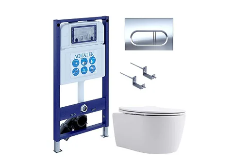 SET AQUATEK ЕВРОПА New-043 4в1 (рама AQUATEK INS-0000025 + крепление KKI-0000002 + кнопка KDI-0000043 + унитаз AQ1106L-00 + тонкое сиденье с механизмом soft close)