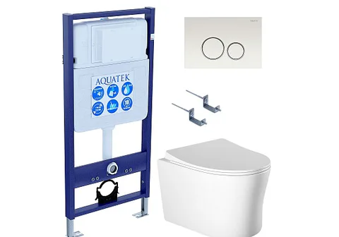 SET AQUATEK НИКА-015 4в1 (рама AQUATEK Standard INS-0000012 + крепеж KKI-0000002 + клавиша KDI-0000015 + унитаз НИКА AQ2009-00 с тонким сиденьем c механизмом плавного закрывания)