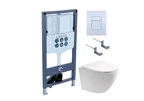 Комплект инсталляция + унитаз + кнопка + крепеж –Set AQUATEK ЕВРОПА (рама AQUATEK Pneumo N49 INSP-0000002 с звукоиз.прокладкой+крепеж KKI-0000002+кнопка PNN-0000001+унитаз AQ1900Т-00 с тонким сиденьем sc)