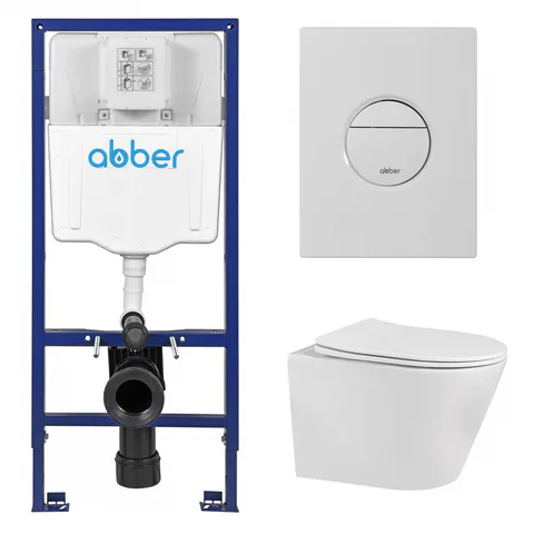 Комплект подвесной унитаз ABBER Bequem AC1102 белый с инсталляцией AC0108 и кнопкой AC0126MW белая матовая