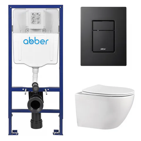 Комплект подвесной унитаз ABBER Bequem AC1100 белый с инсталляцией AC0108 и кнопкой AC0123MB черная матовая