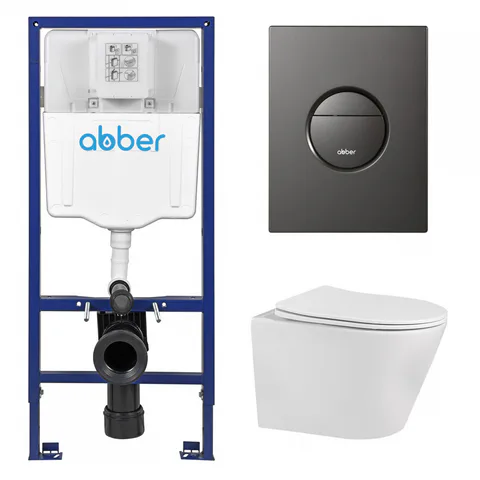 Комплект подвесной унитаз ABBER Bequem AC1102 белый с инсталляцией AC0108 и кнопкой AC0126NG оружейная сталь